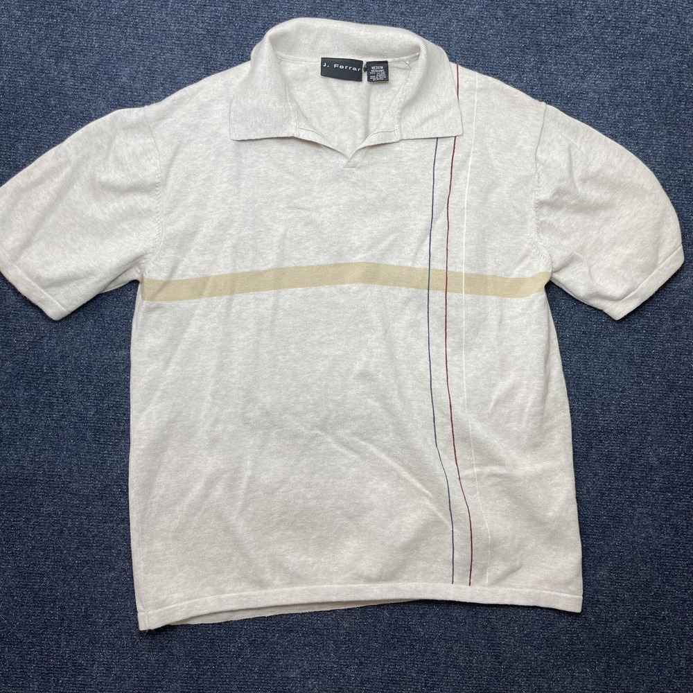 Vintage J. Ferrar Polo Shirt Mens Medium Gray Striped Cotton Knit Short Sleeve